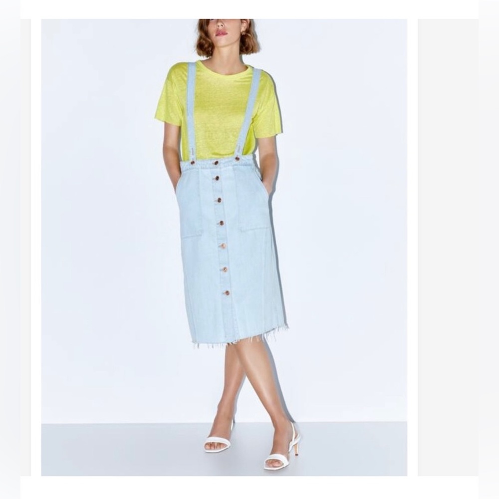 Zara bleached distressed denim skirt jumper with adjustable suspenders